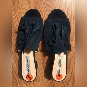 Karl Lagerfeld Navy Blue Suede Holly Block Heel Slip on Sandal Shoes Size 9.5